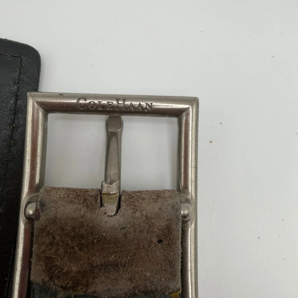 Cole Haan Mens Belt‎ Black Leather Brown Suede Silver Buckle Casual Size 36